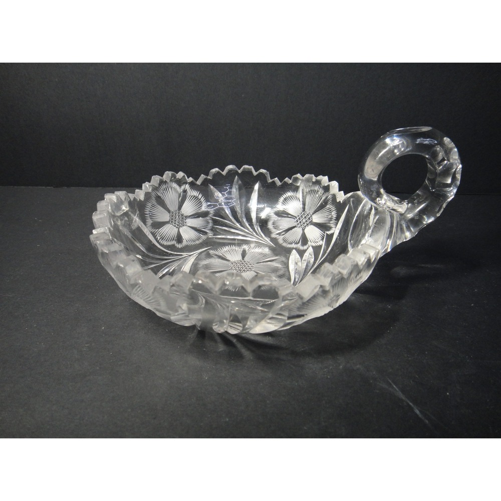 Vintage Clear Glass Nappy Candy Dish Floral Wheel Cut Scalloped Sawtooth Handle